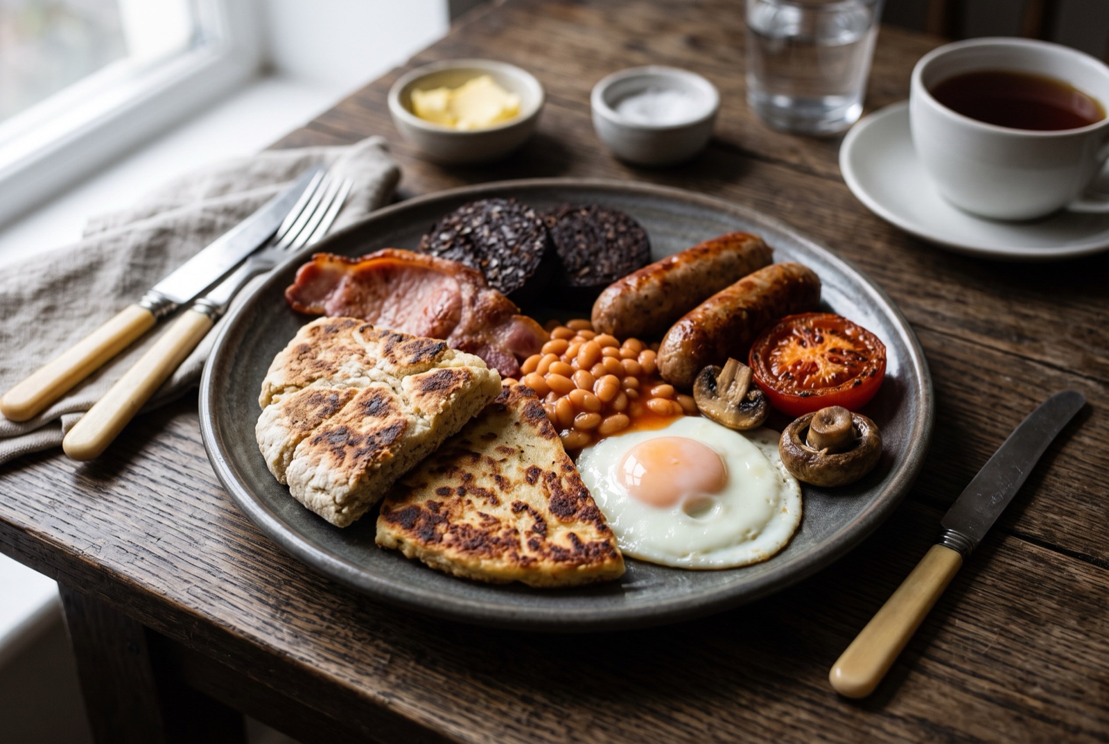 Ulster fry plate with fried soda farl, potato bread, bacon, sausage, black pudding, tomato and a fried egg