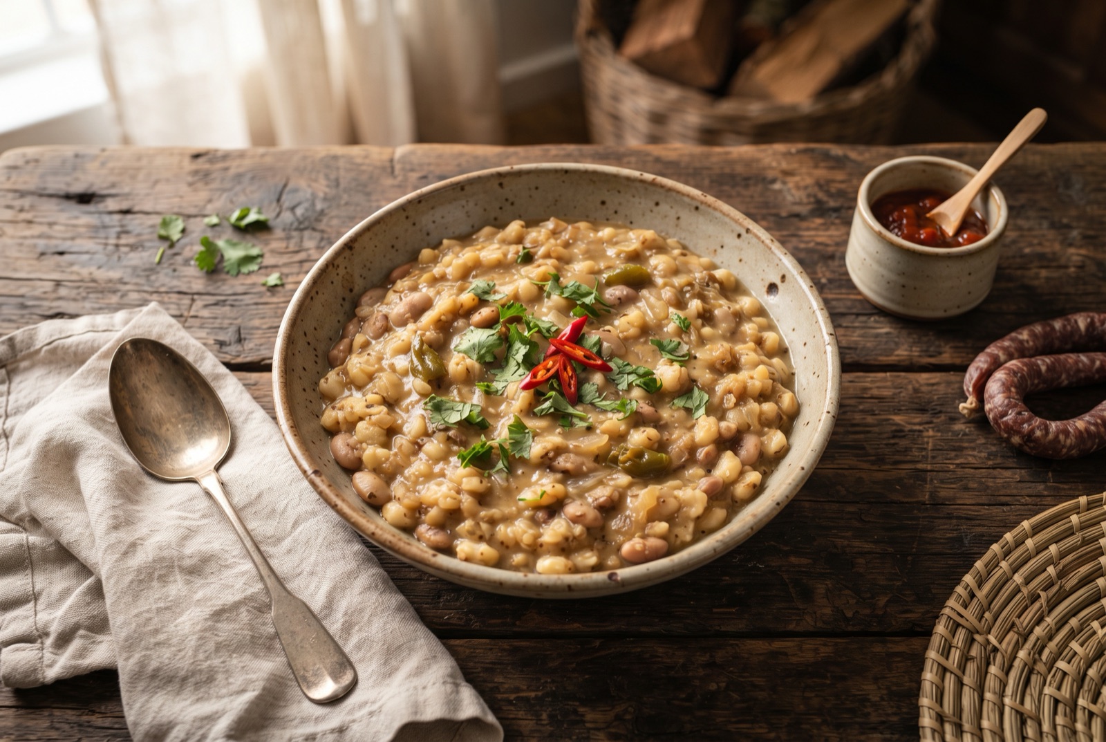 Bowl of creamy umngqusho, cracked white maize kernels and speckled sugar beans with melted butter on top