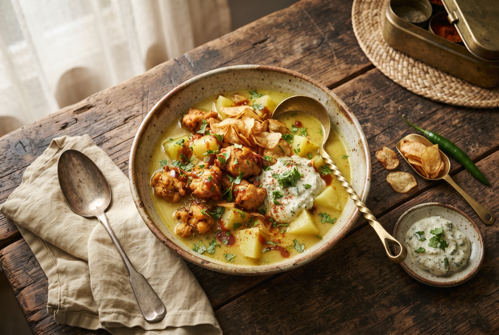 Bowl of yellow urojo soup topped with fried potato bhajia, crisps, green coconut chutney and lime