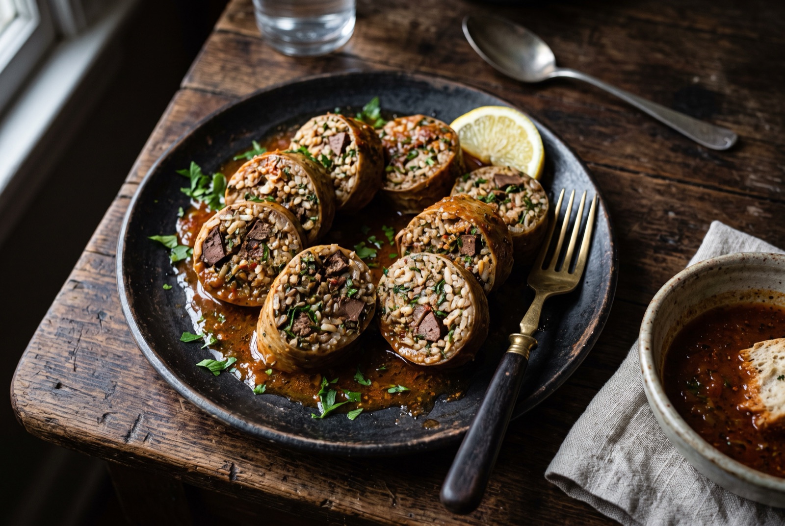 Sliced coins of Libyan usban showing green herb and rice filling, arranged on a platter under thick tomato sauce
