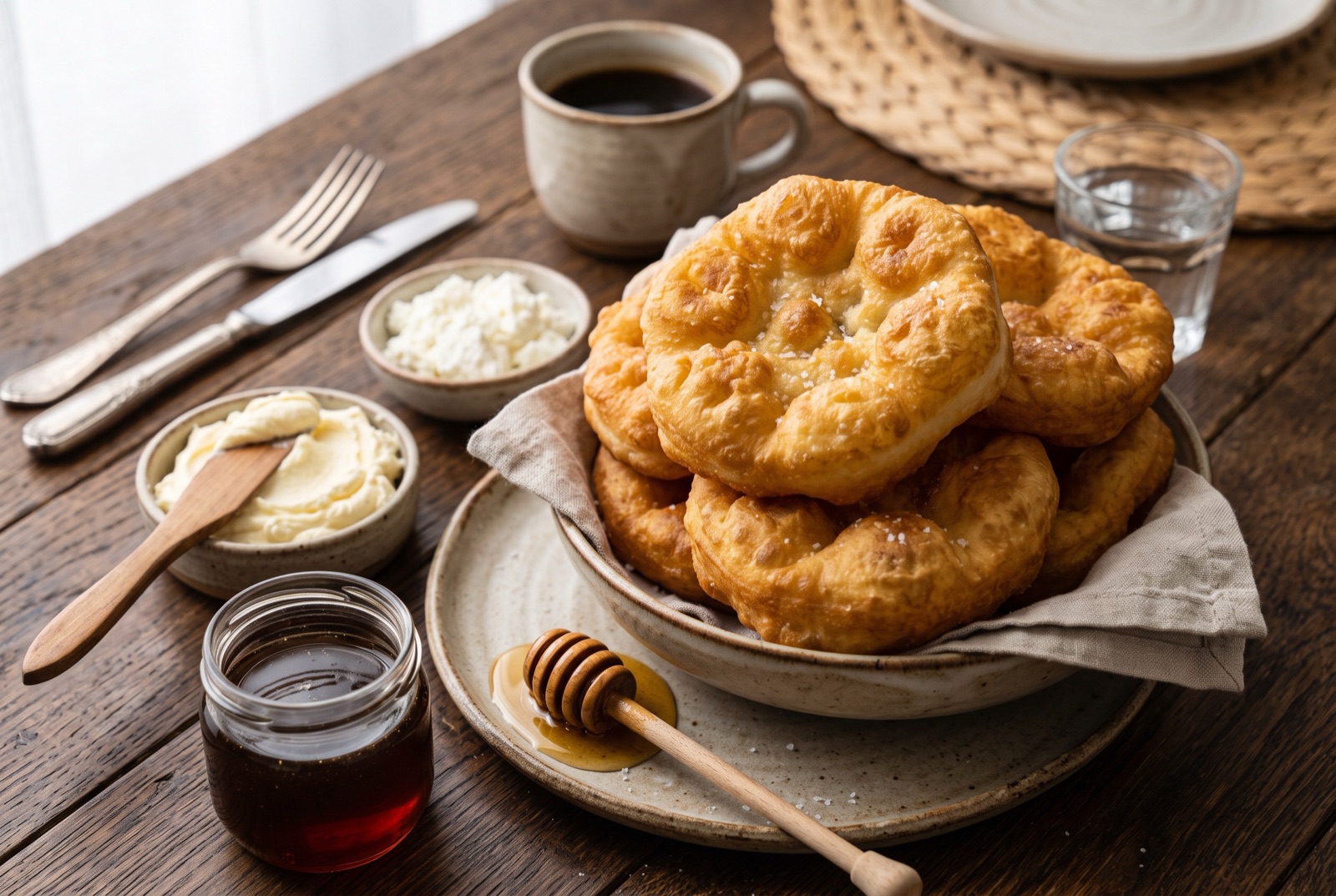 Pile of golden fried Bosnian ustipci dough puffs on a wooden board with kajmak, white cheese and honey