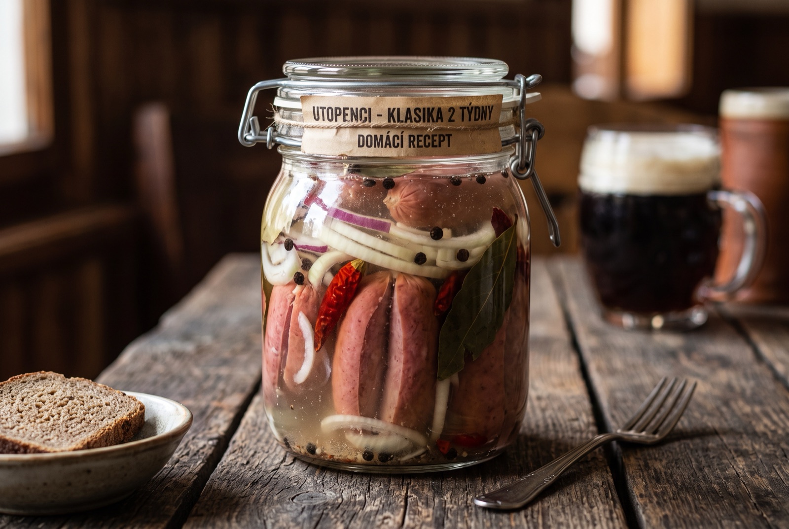 Glass jar of split smoked sausages pickled with onion rings, bay leaves and peppercorns in cloudy brine