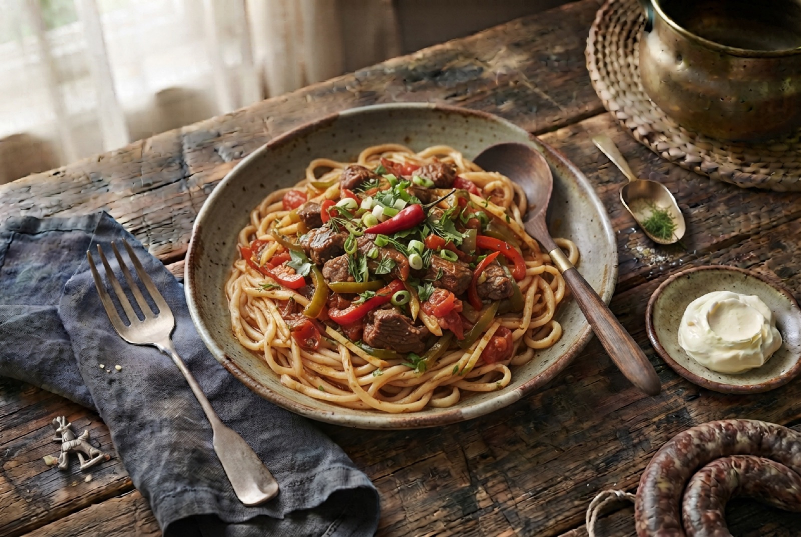 Deep bowl of Uzbek lagman, hand-pulled noodles under lamb and pepper sauce with coriander and a slick of chilli oil