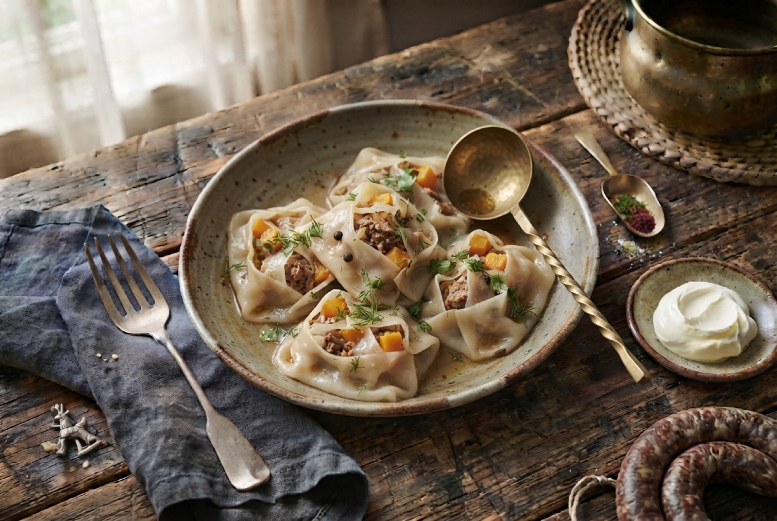 Large Uzbek manti dumplings on a steamer tray, translucent wrappers over lamb and pumpkin filling with a bowl of soured cream