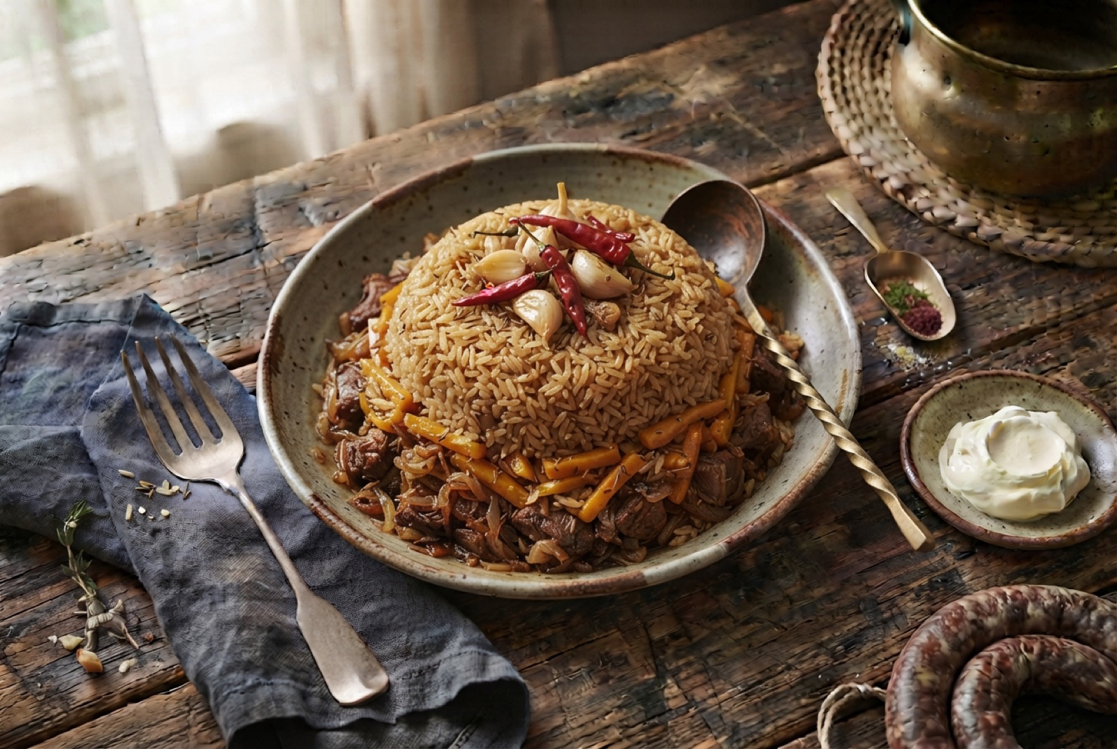 Uzbek palov heaped on a wide platter, orange carrot batons folded through glossy rice with lamb chunks and a whole garlic head on top