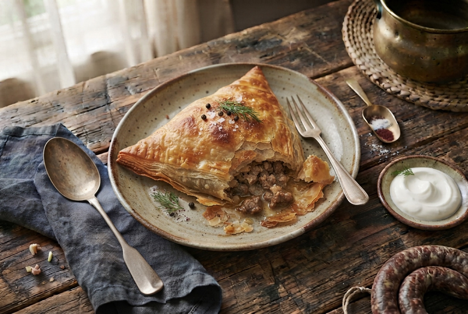 Triangular Uzbek somsa pastries with flaky browned tops and sesame seeds, one broken open to show chopped lamb and onion