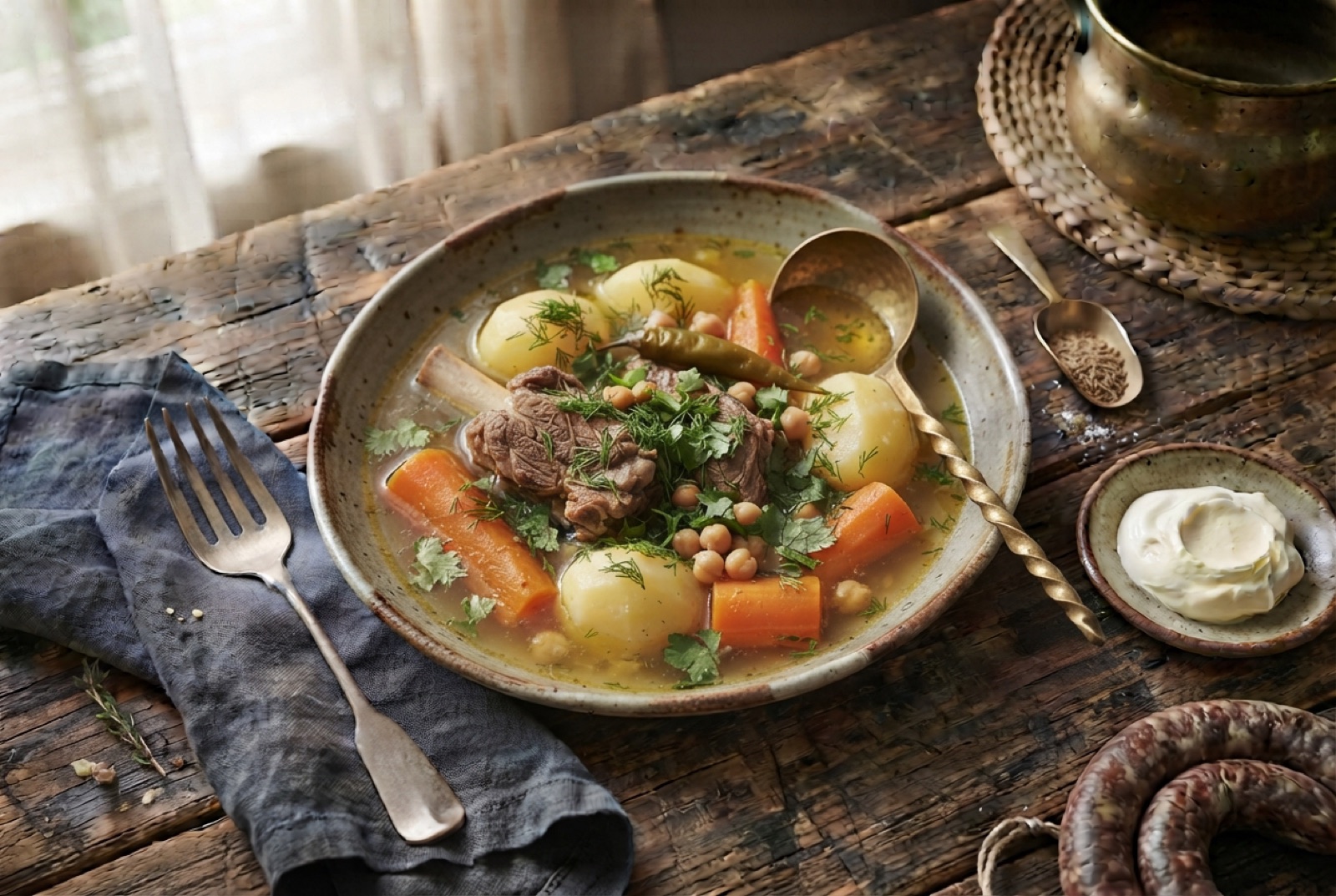 Bowl of clear Uzbek lamb shurpa with a whole potato, thick carrot pieces, chickpeas and chopped dill on top