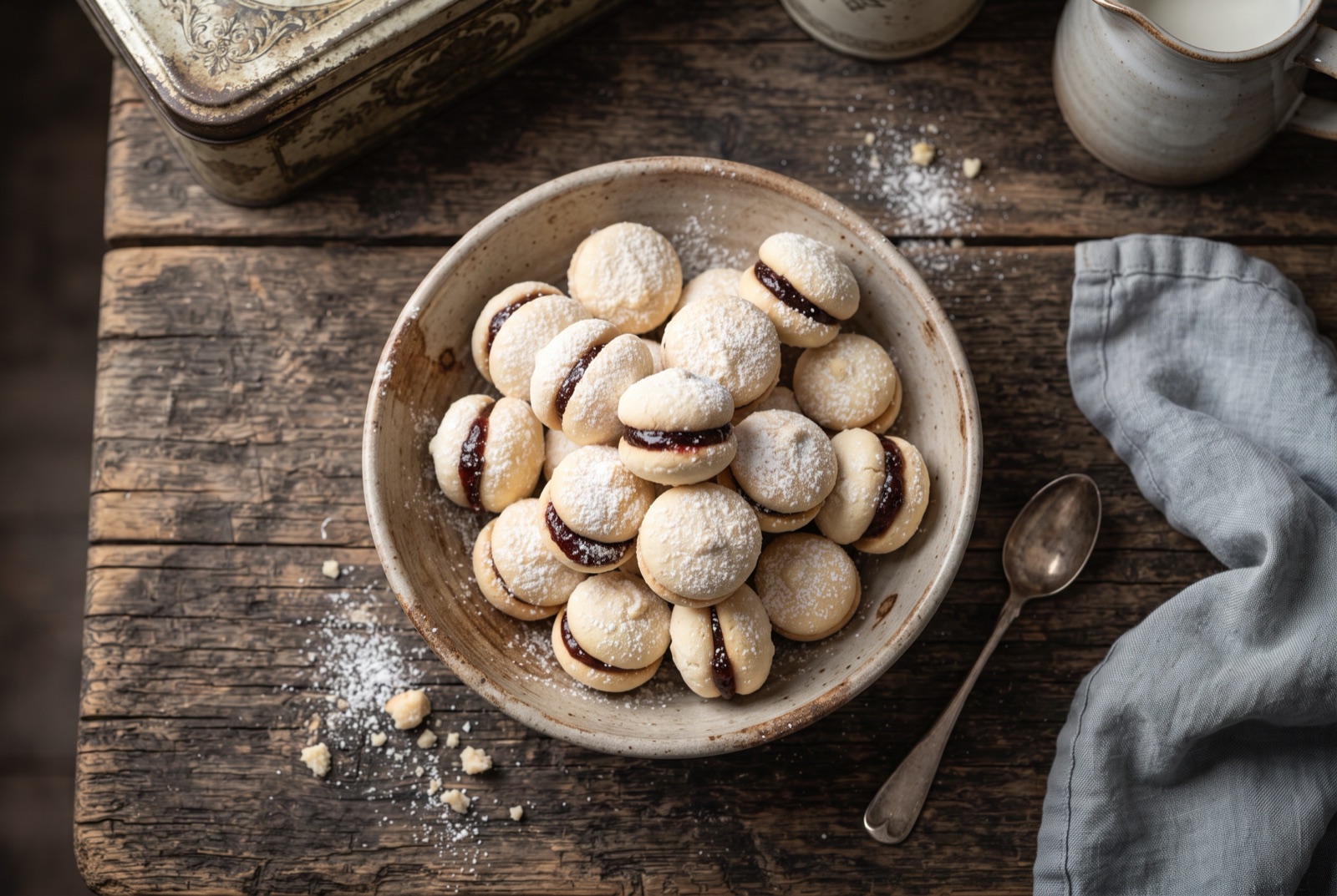Plate of small round Serbian vanilice cookies coated in white vanilla sugar with dark plum jam between the halves