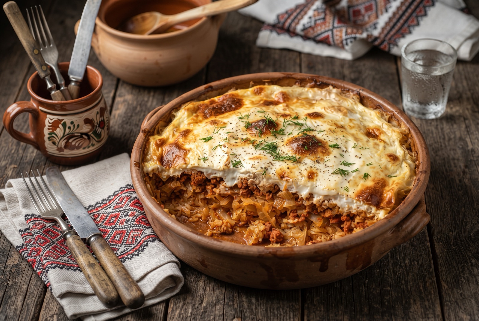Baked layered sauerkraut and minced pork casserole with browned sour cream topping in an earthenware dish