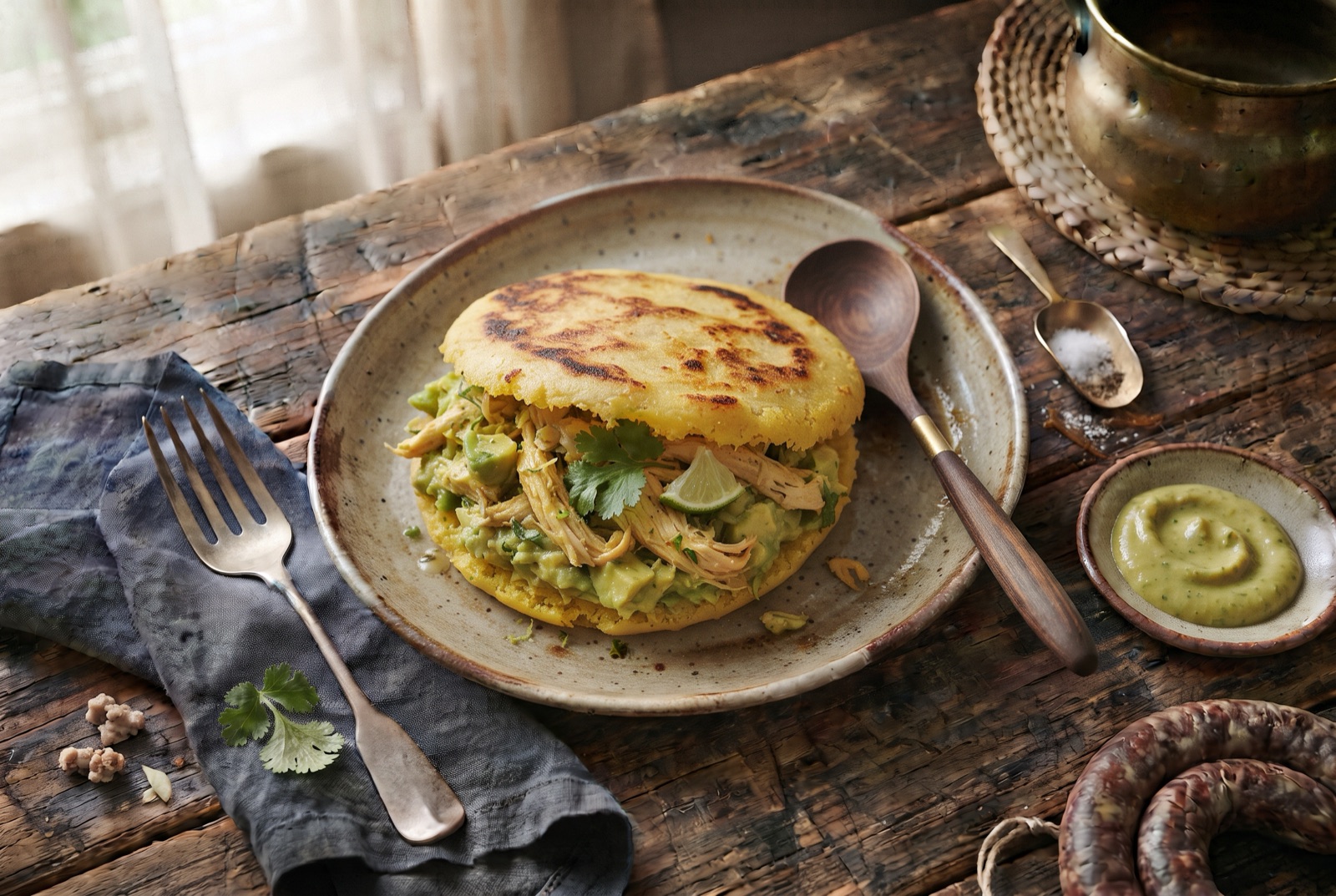 Split griddled arepa overflowing with shredded chicken and avocado filling scattered with cilantro