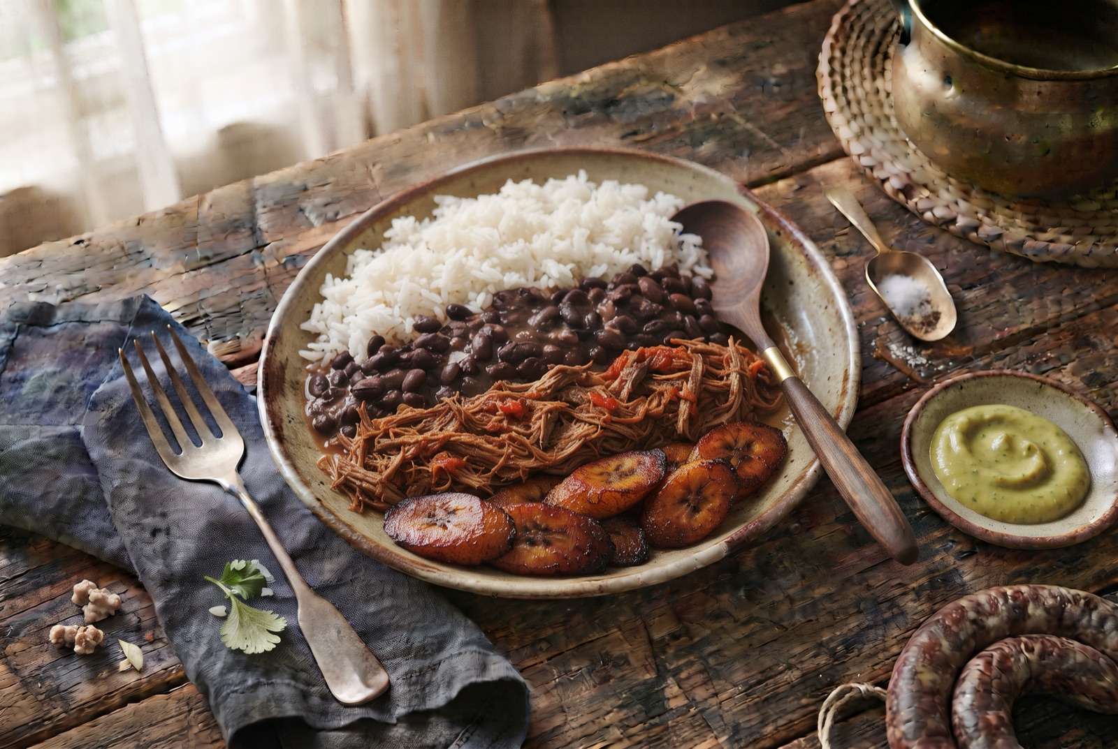 Plate of pabellón criollo with white rice, black beans, shredded beef and fried sweet plantain in separate bands