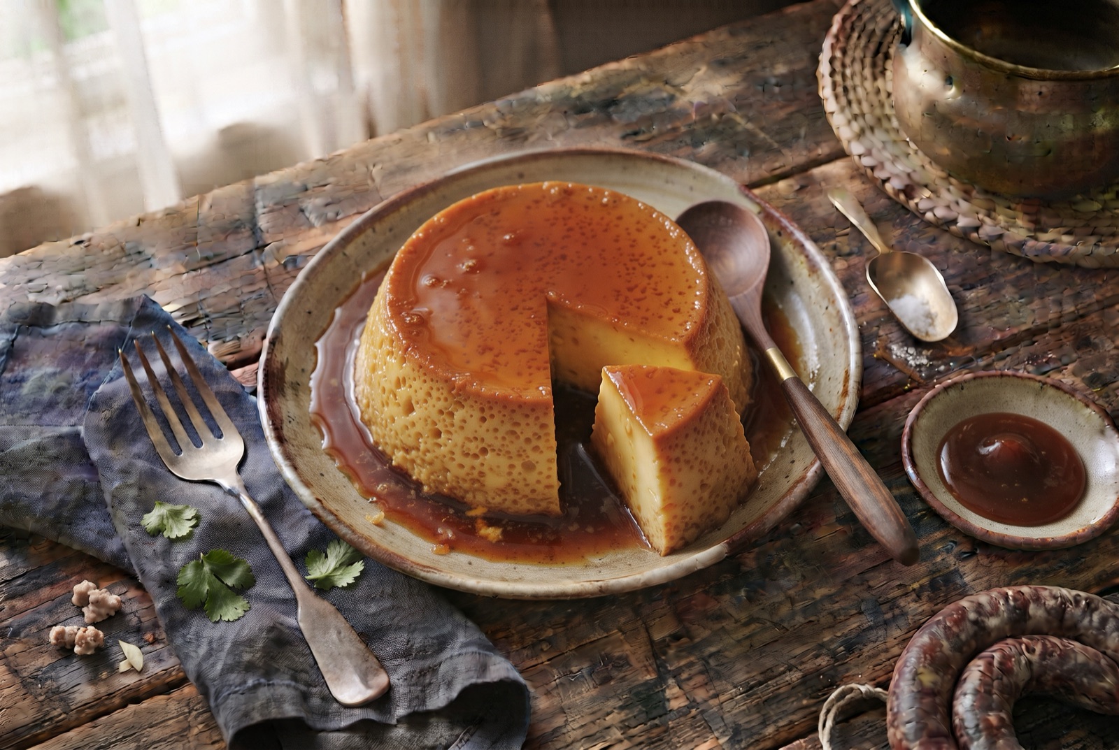 Turned-out caramel milk custard on a plate, a cut wedge showing small holes through the pale set custard