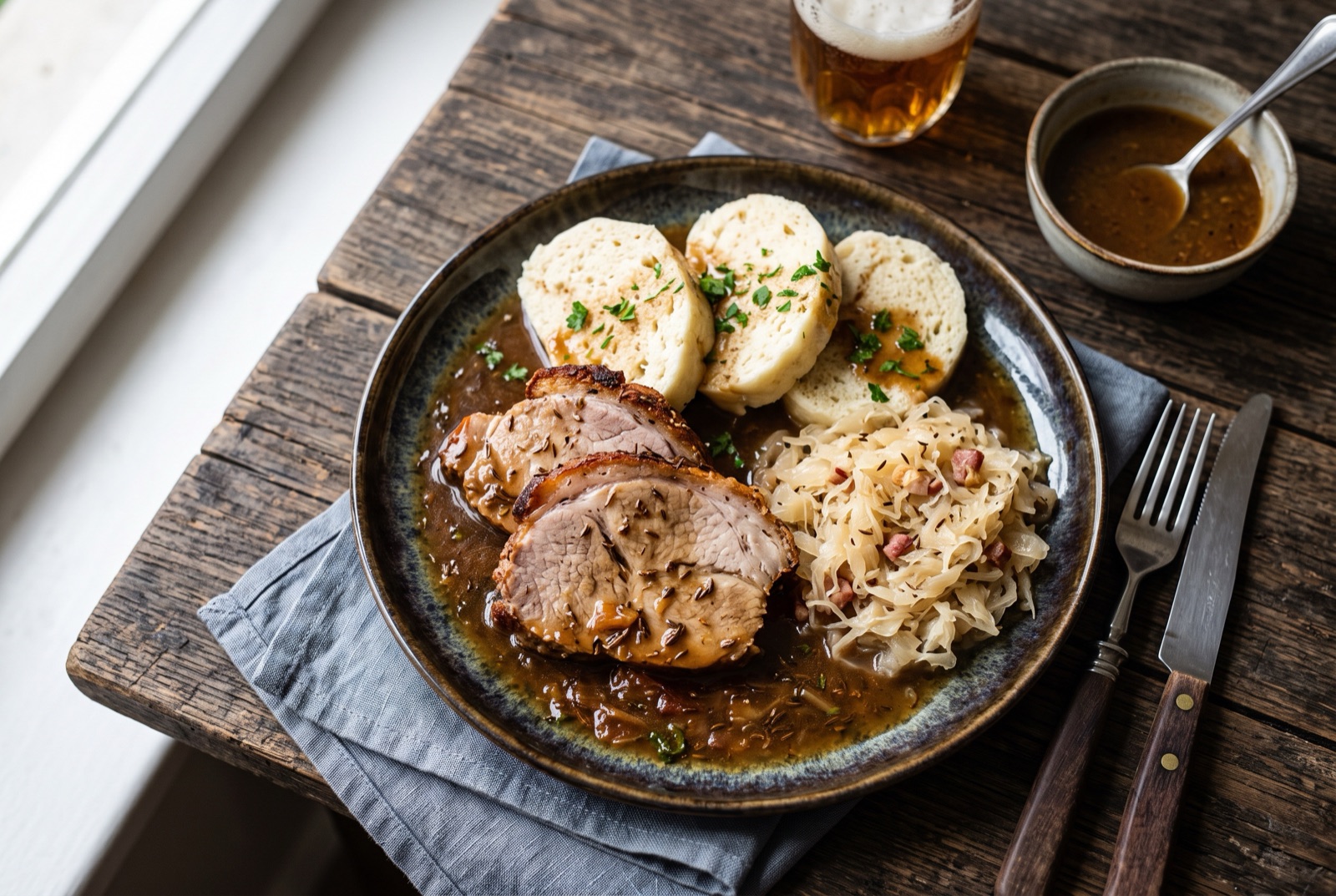 Sliced roast pork with crisp fat beside soft bread dumpling discs and braised sauerkraut on a white plate