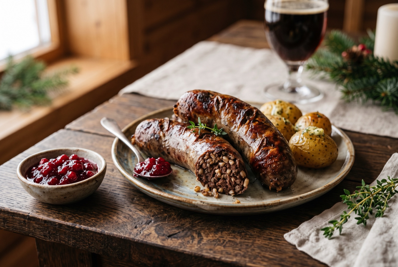 Roasted Estonian blood sausages with split browned skins on a tray beside lingonberry jam and baked sauerkraut