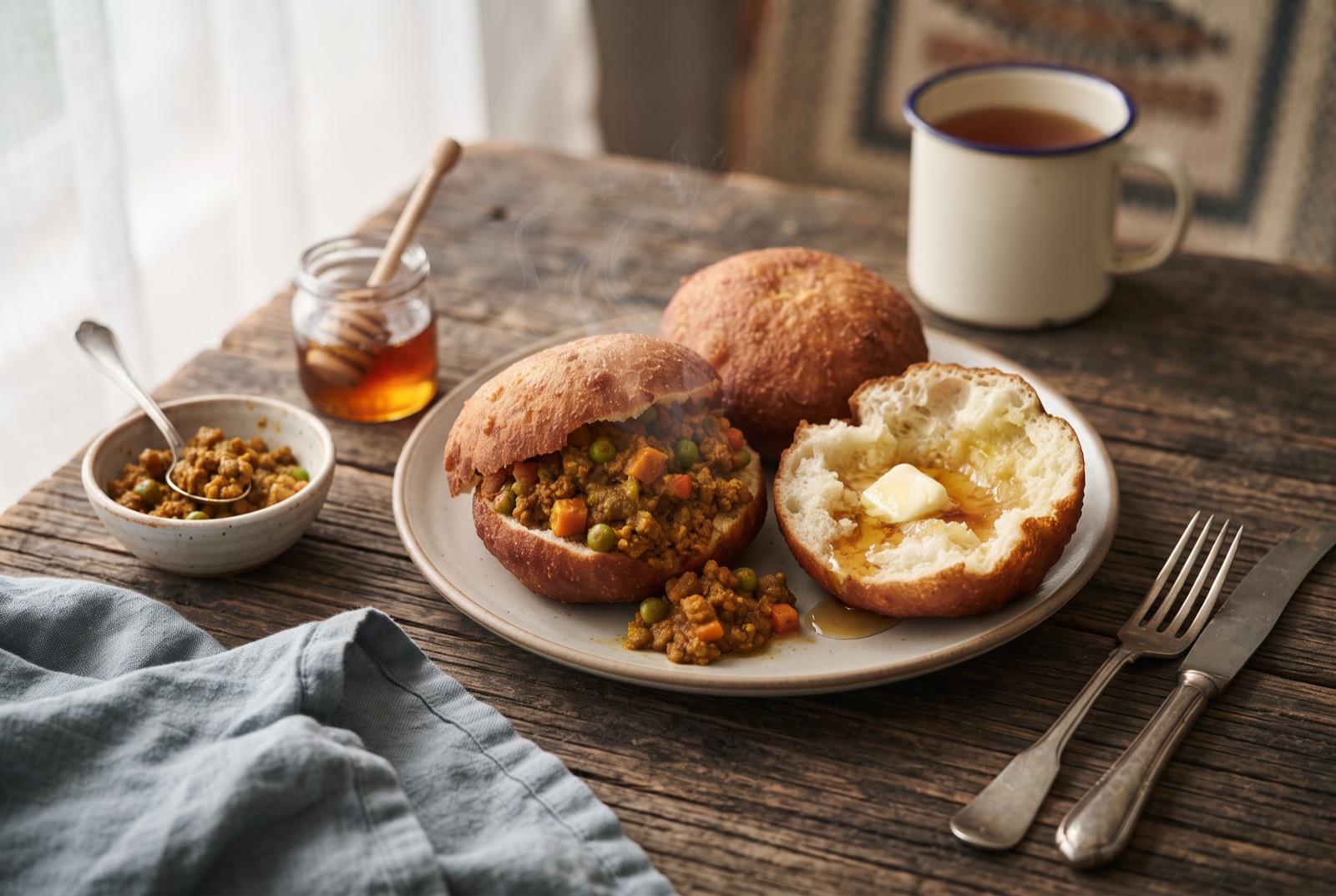 Golden-brown fried vetkoek split open and packed with curried mince, more buns stacked on a rack behind
