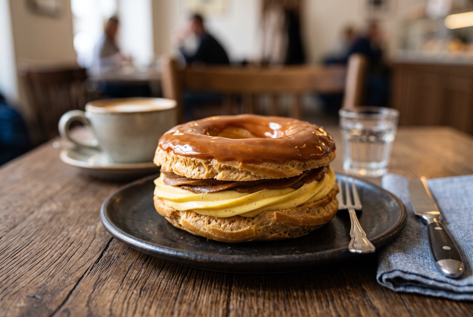 Czech větrník choux ring cut open to show layers of vanilla and caramel cream under a glossy caramel glaze
