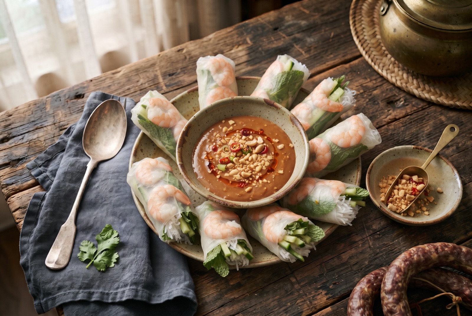 Fresh summer rolls with shrimp and herbs visible through rice paper, beside a bowl of peanut sauce