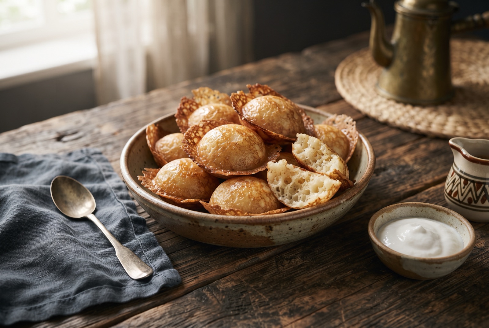 Plate of golden domed vitumbua rice cakes with crisp lacy edges beside a cup of spiced tea