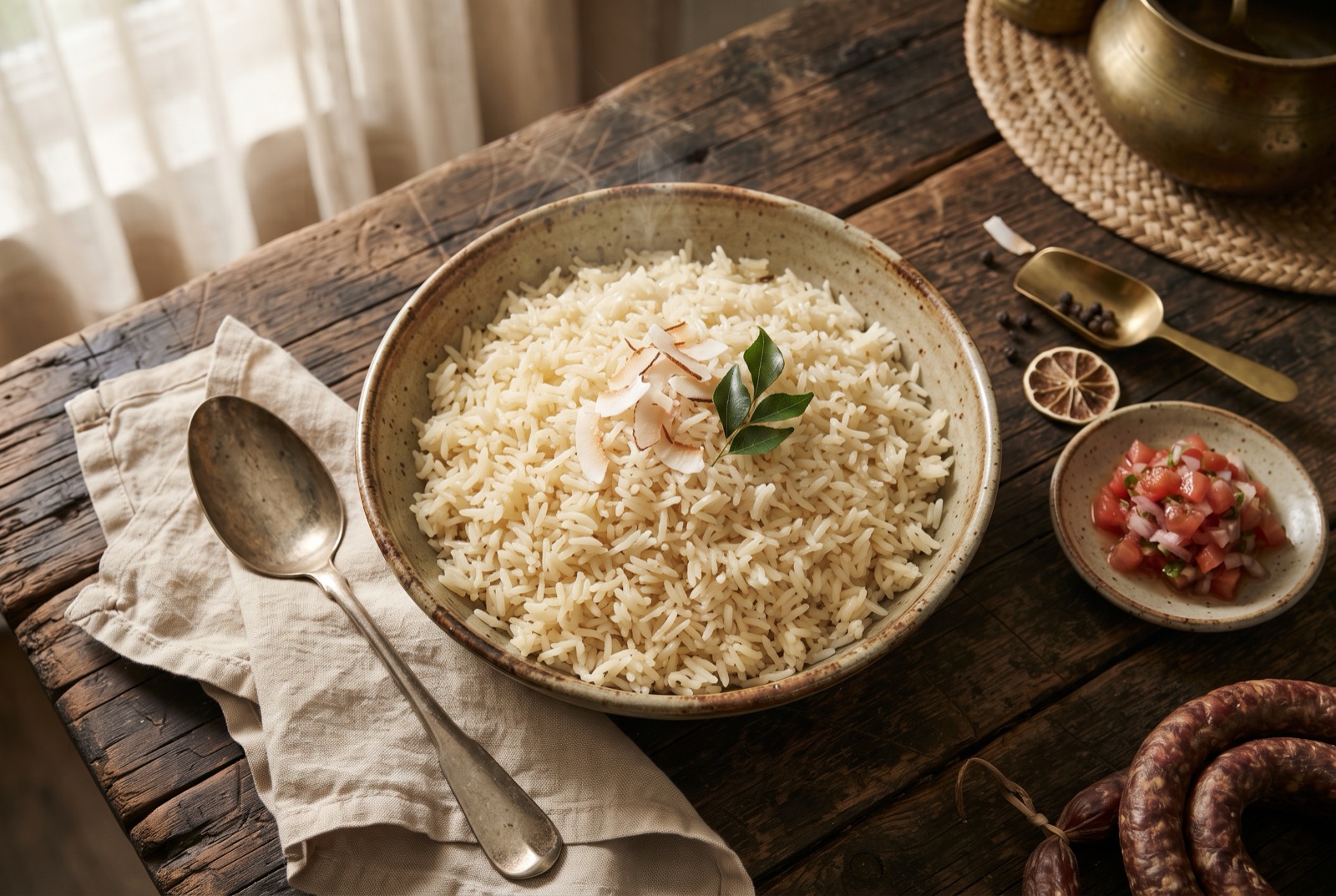 Bowl of fluffy white coconut rice with separate glossy grains and toasted coconut scattered on top