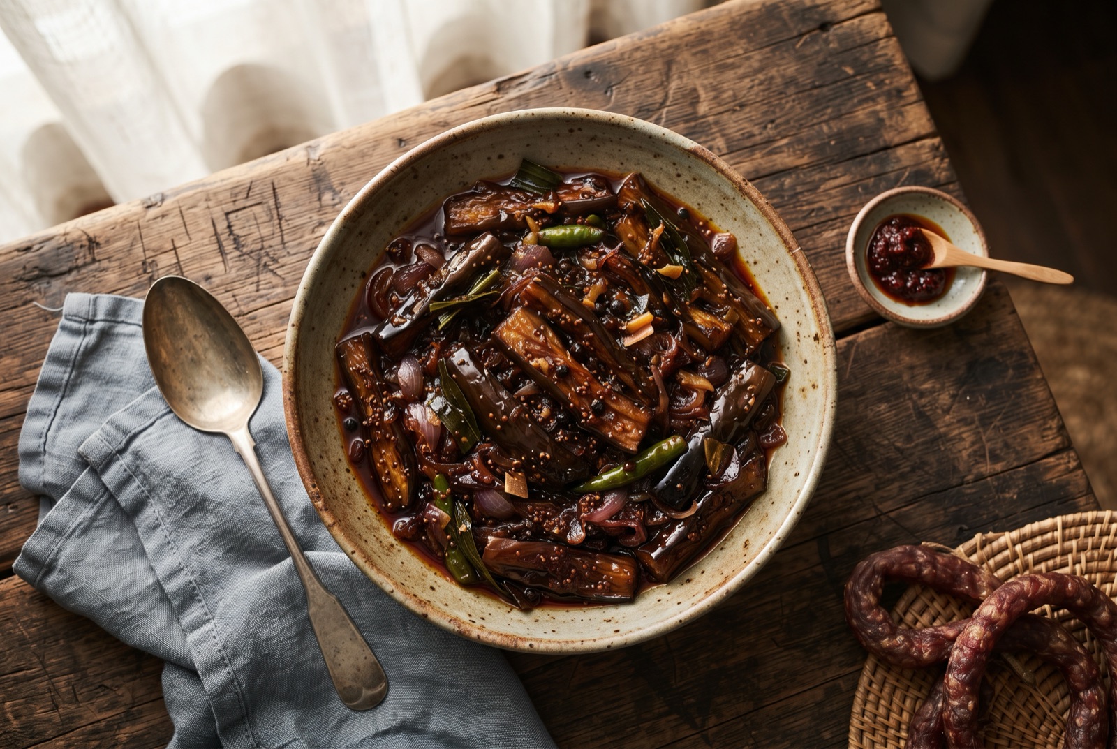 A bowl of glossy dark Sri Lankan wambatu moju, fried eggplant fingers pickled with onion wedges and whole green chiles