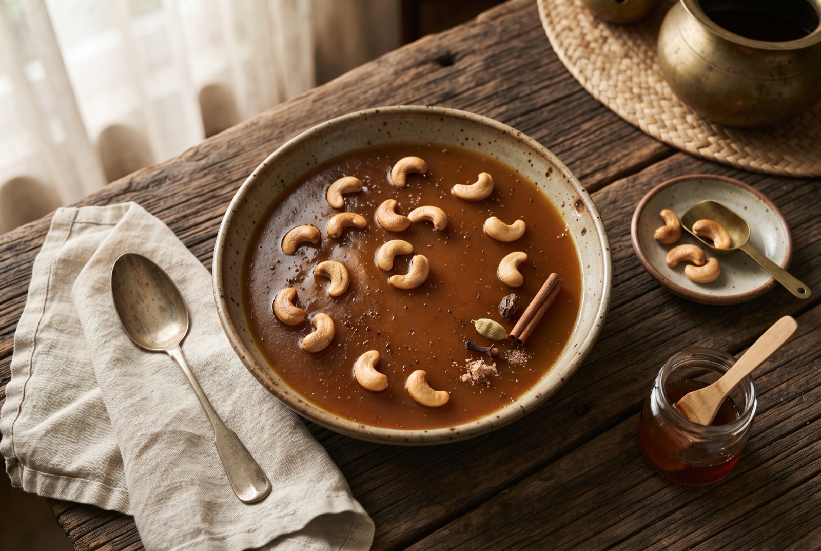 A dish of dark brown Sri Lankan watalappan coconut jaggery custard topped with toasted cashew halves, one portion scooped out