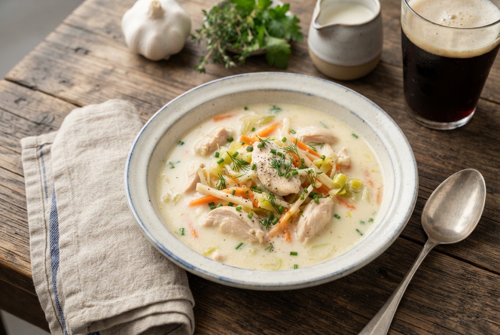 Deep bowl of pale Ghent waterzooi with chicken, carrot and leek matchsticks in creamy broth