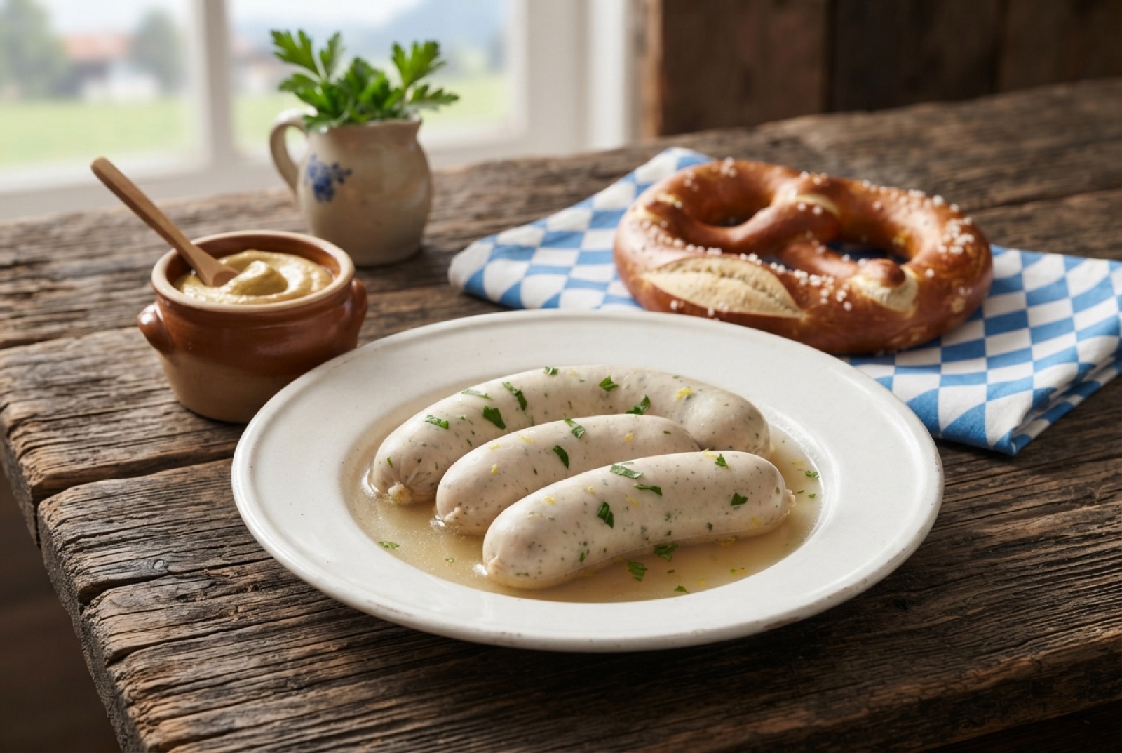Two pale Bavarian Weisswurst sausages in hot water beside sweet mustard, a pretzel and a wheat beer glass