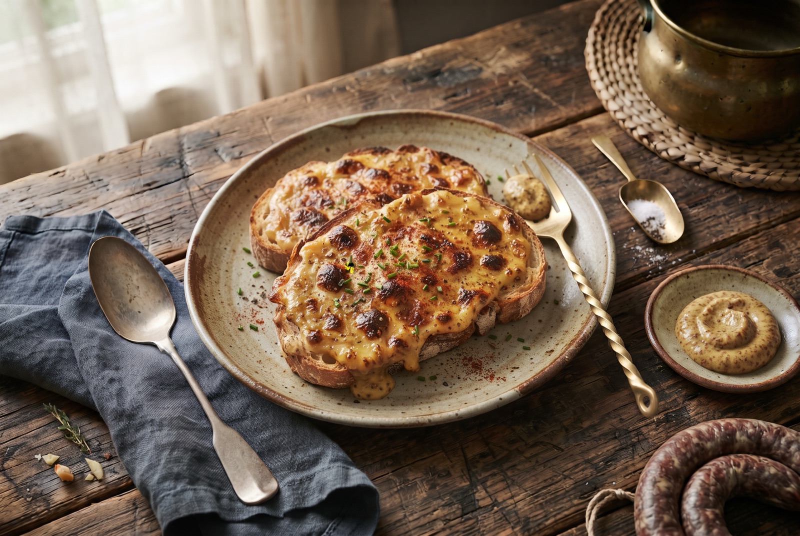 Thick Cheddar rarebit sauce grilled to a blistered brown crust on a slice of sourdough toast