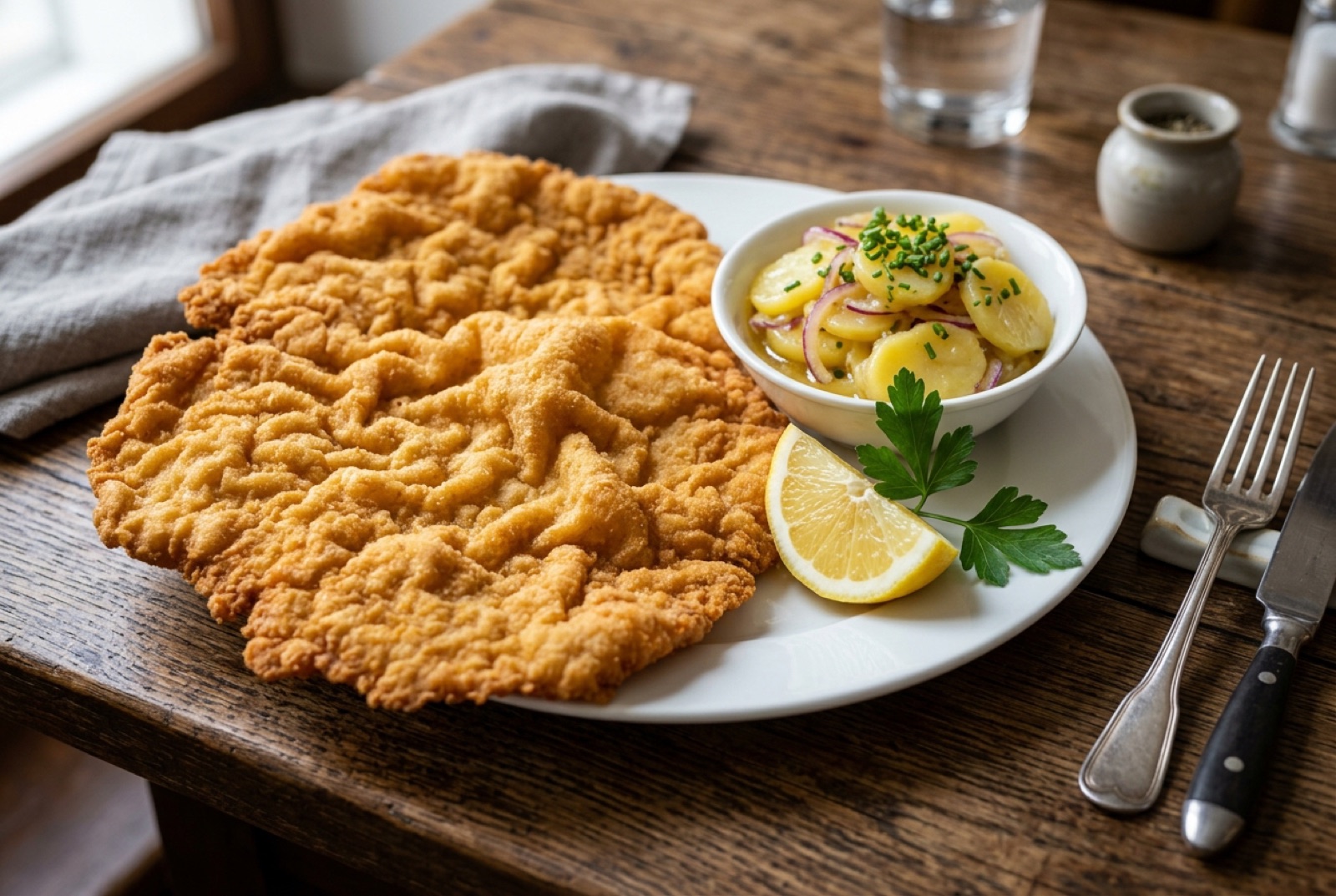 Golden Wiener Schnitzel with a puffed wavy crust on a white plate with a lemon wedge and parsley