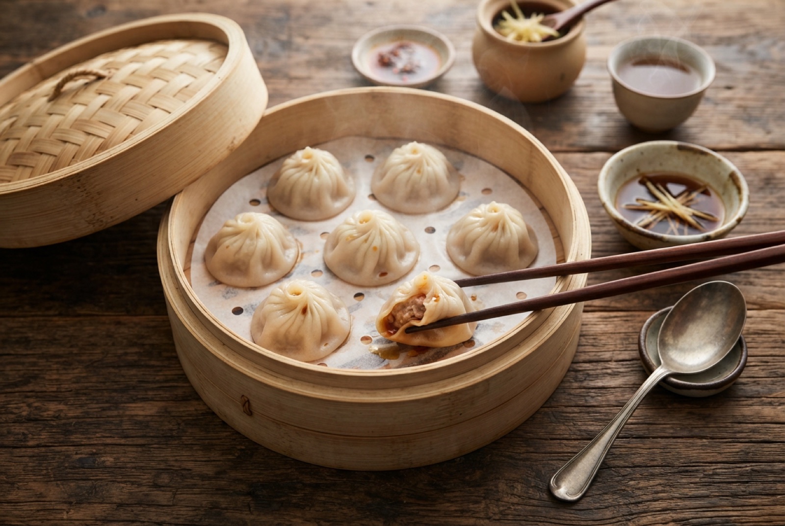 Pleated Shanghai soup dumplings in a bamboo steamer with a dish of black vinegar and slivered ginger