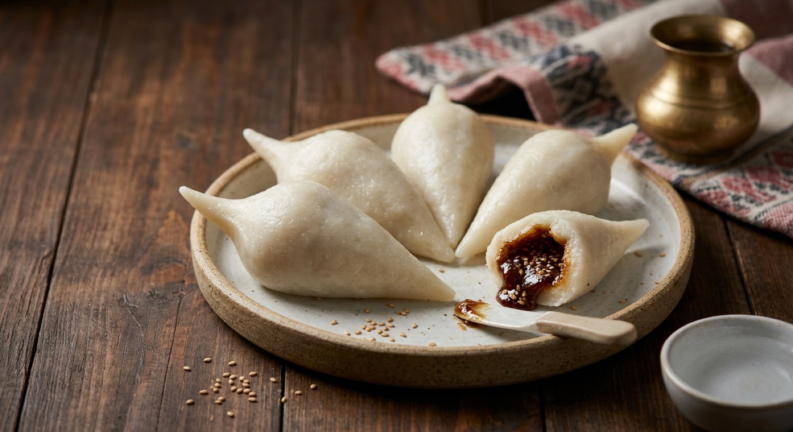 Steamed Newari yomari dumplings with pointed tips, one broken open to show dark molasses and sesame filling