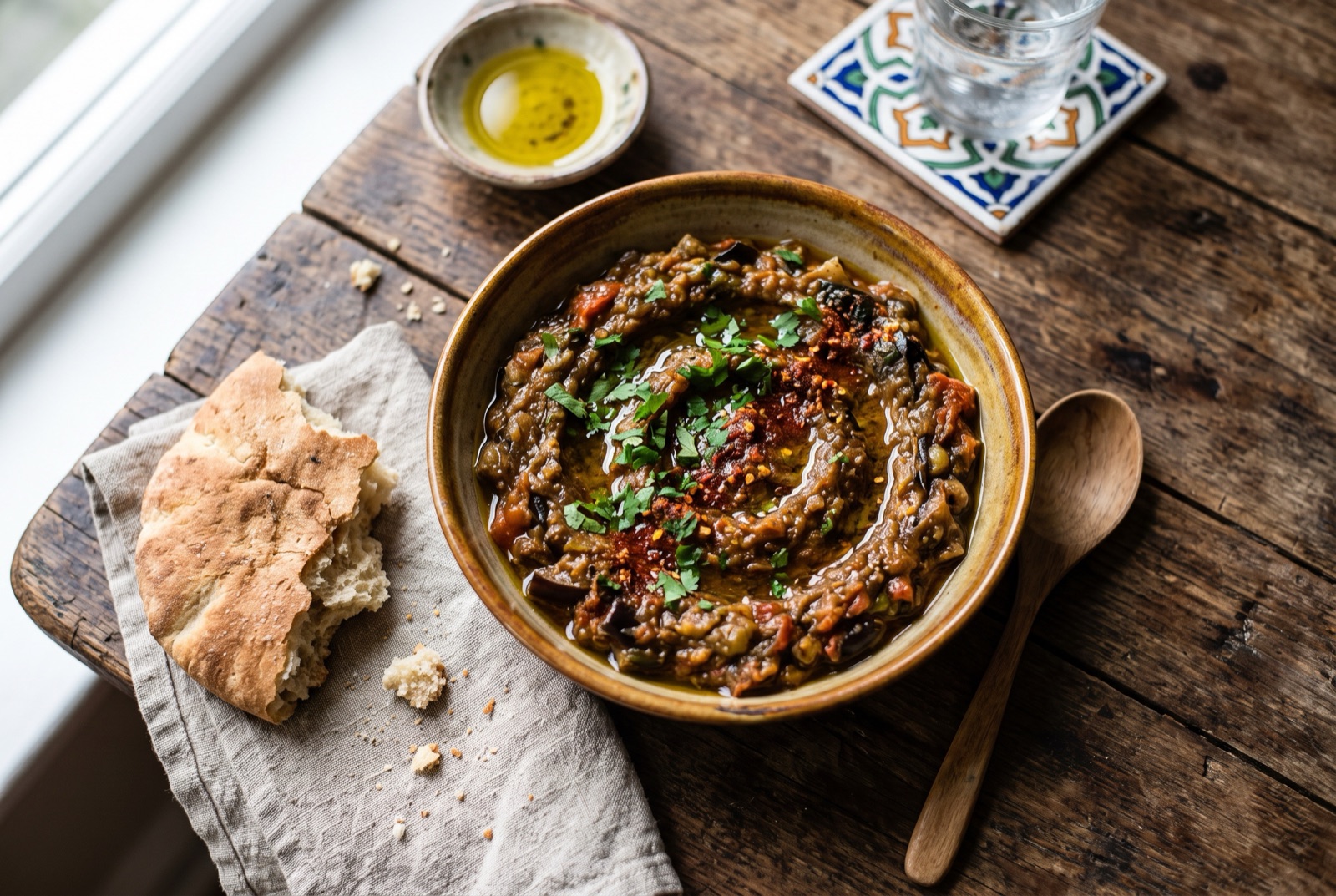 A plate of smoky mashed eggplant and tomato zaalouk swirled with olive oil, with bread alongside