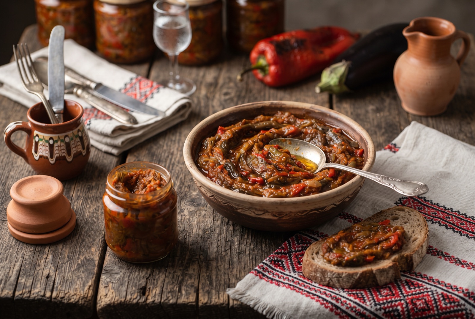 Dark red roasted aubergine and pepper spread in an open jar with a spoon and thick slices of bread beside it