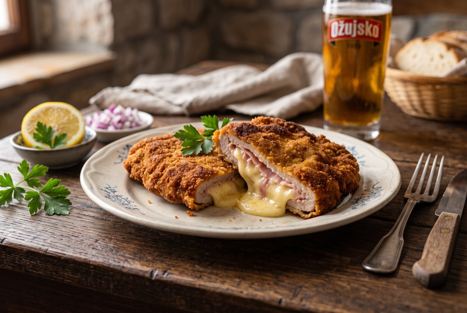 Golden breaded Croatian veal cutlet cut open with melted cheese and ham running out, lemon wedge alongside