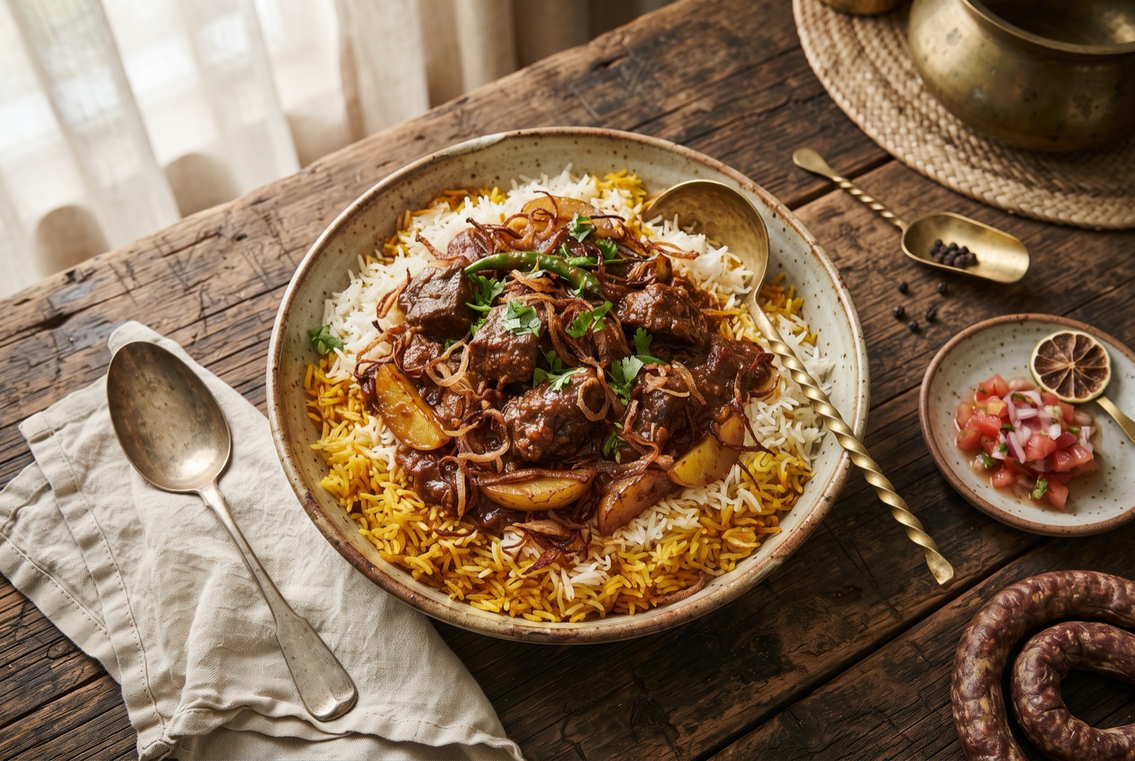Layered Zanzibari beef biriani in an open pot, saffron-stained rice with fried onions, potato and coriander