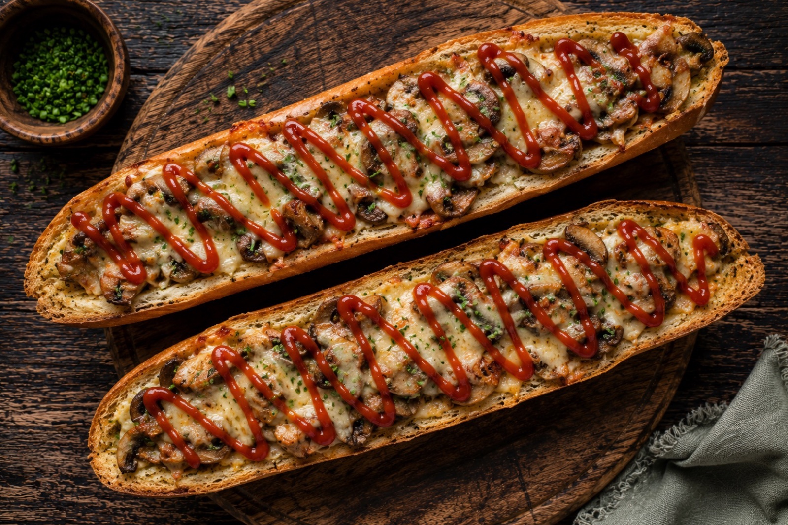 Open-faced Polish baguette topped with fried mushrooms and bubbling melted cheese, zigzagged with ketchup