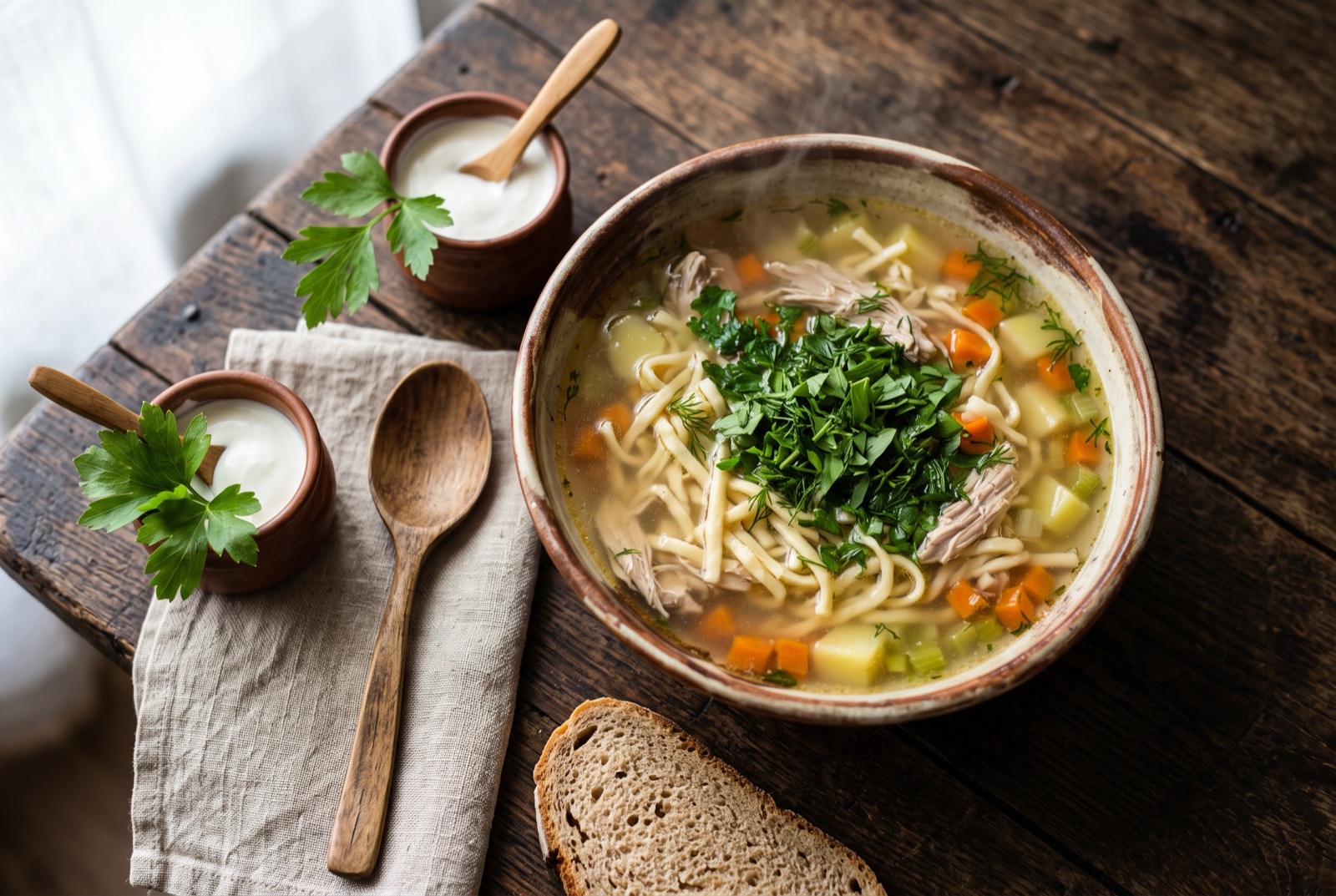 Bowl of clear golden Moldovan sour chicken soup with thin noodles, carrot rounds and chopped lovage on top