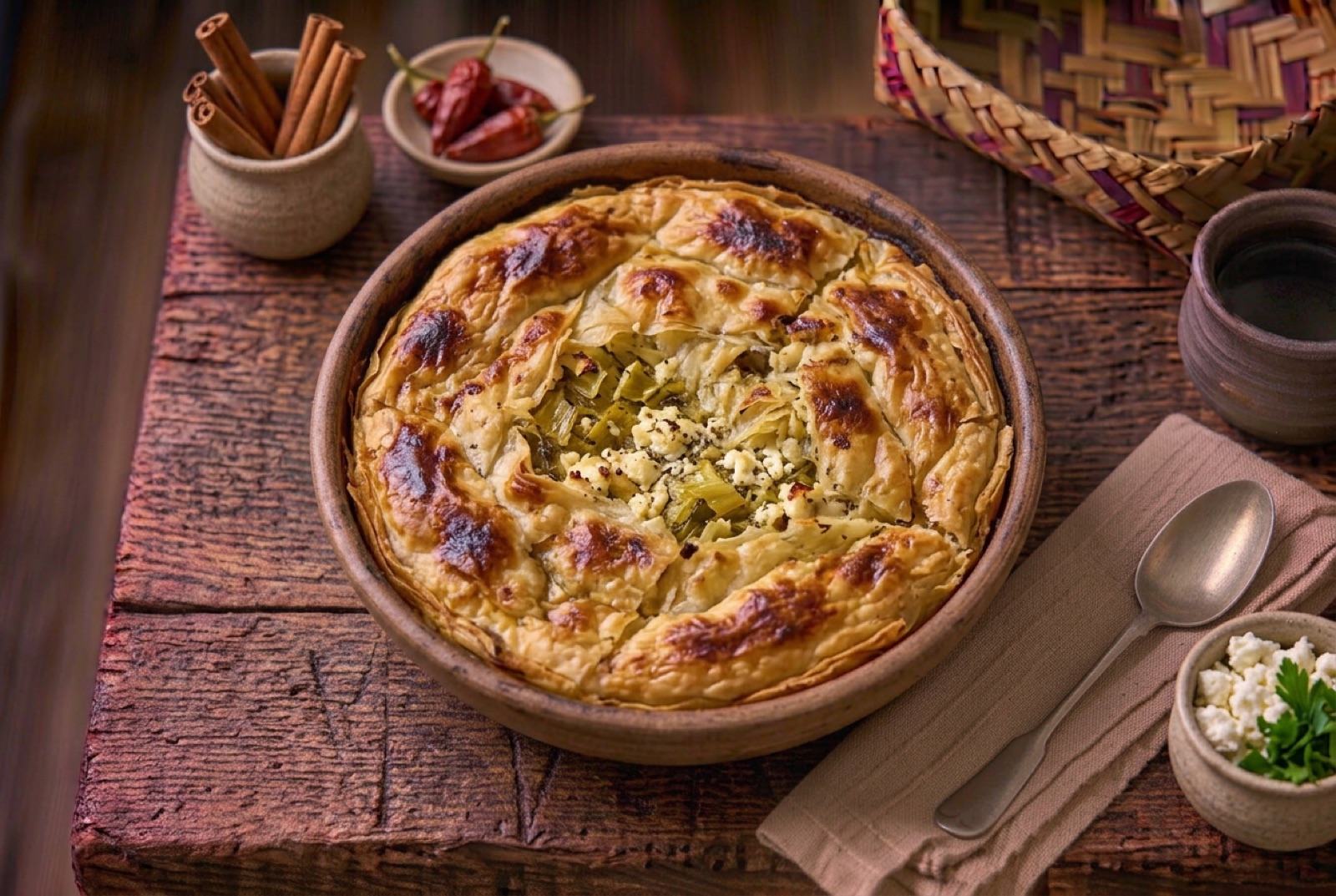 Round flat Macedonian pie cut into wedges showing layers of pastry with leek and white cheese filling