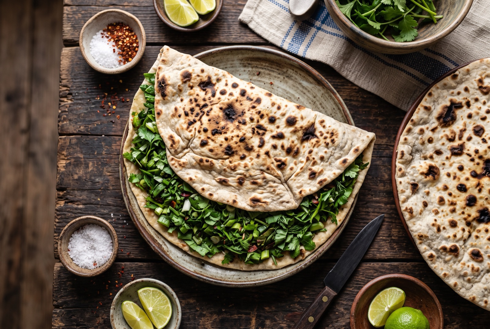 Torn zhingyalov hats flatbread showing a dense green herb filling, with charred spots across the dough