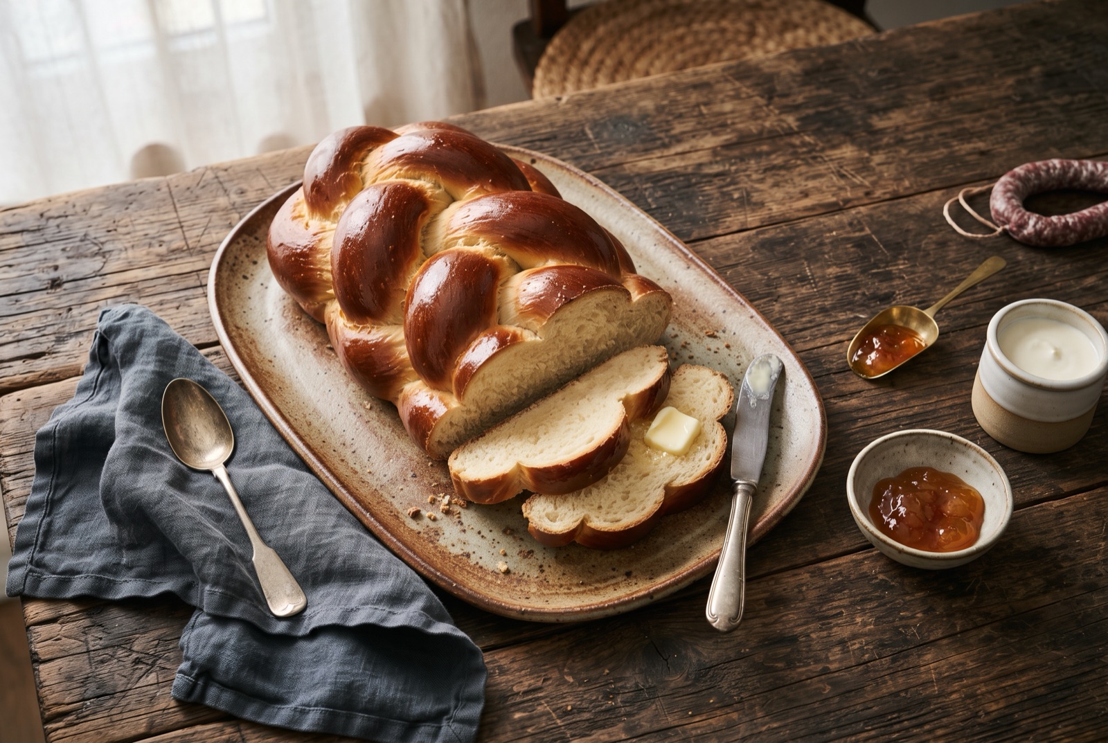 Glossy braided Swiss Zopf loaf with a deep golden egg-washed crust on a wooden board