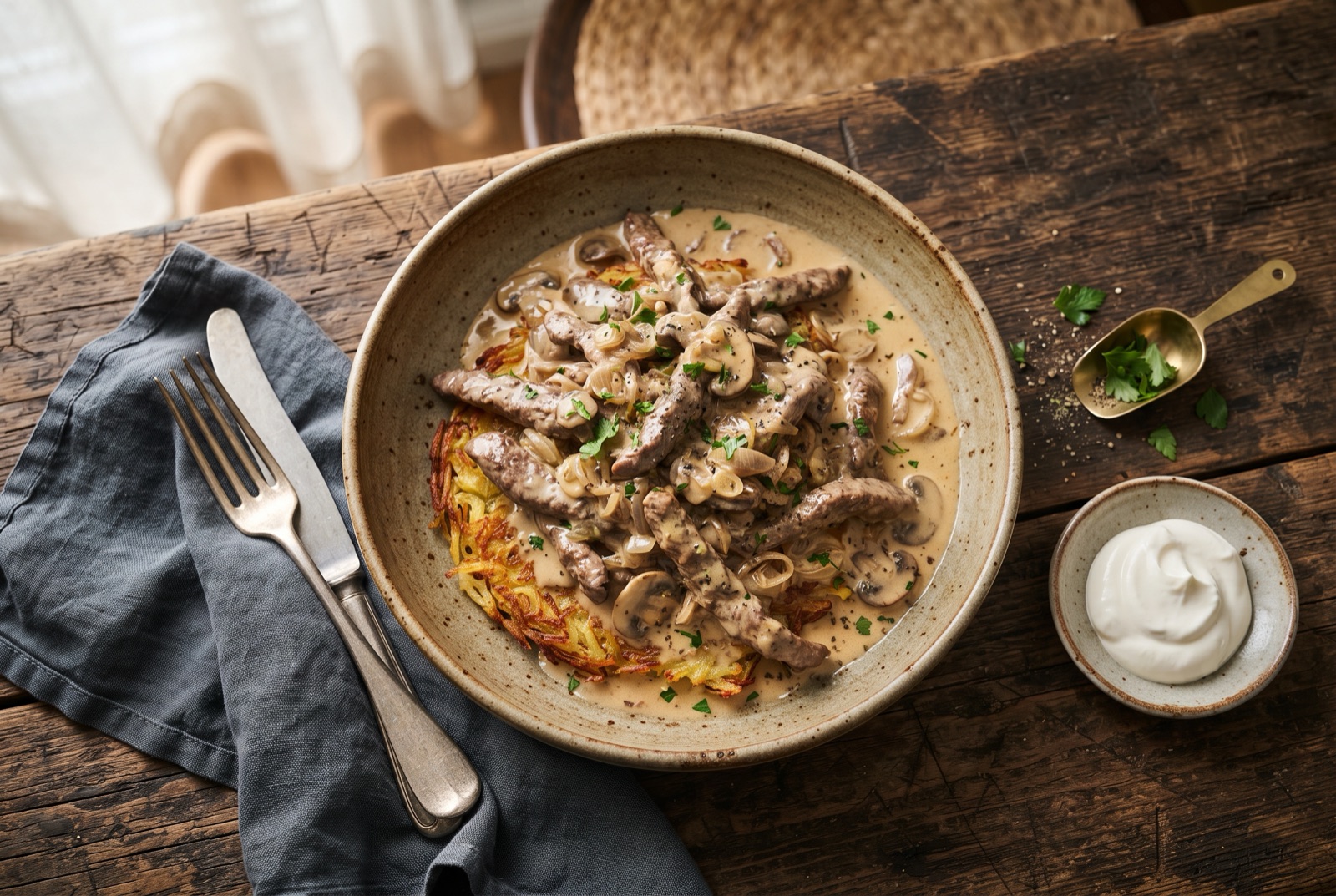 Strips of veal and sliced mushrooms in a creamy white sauce served beside a golden rösti