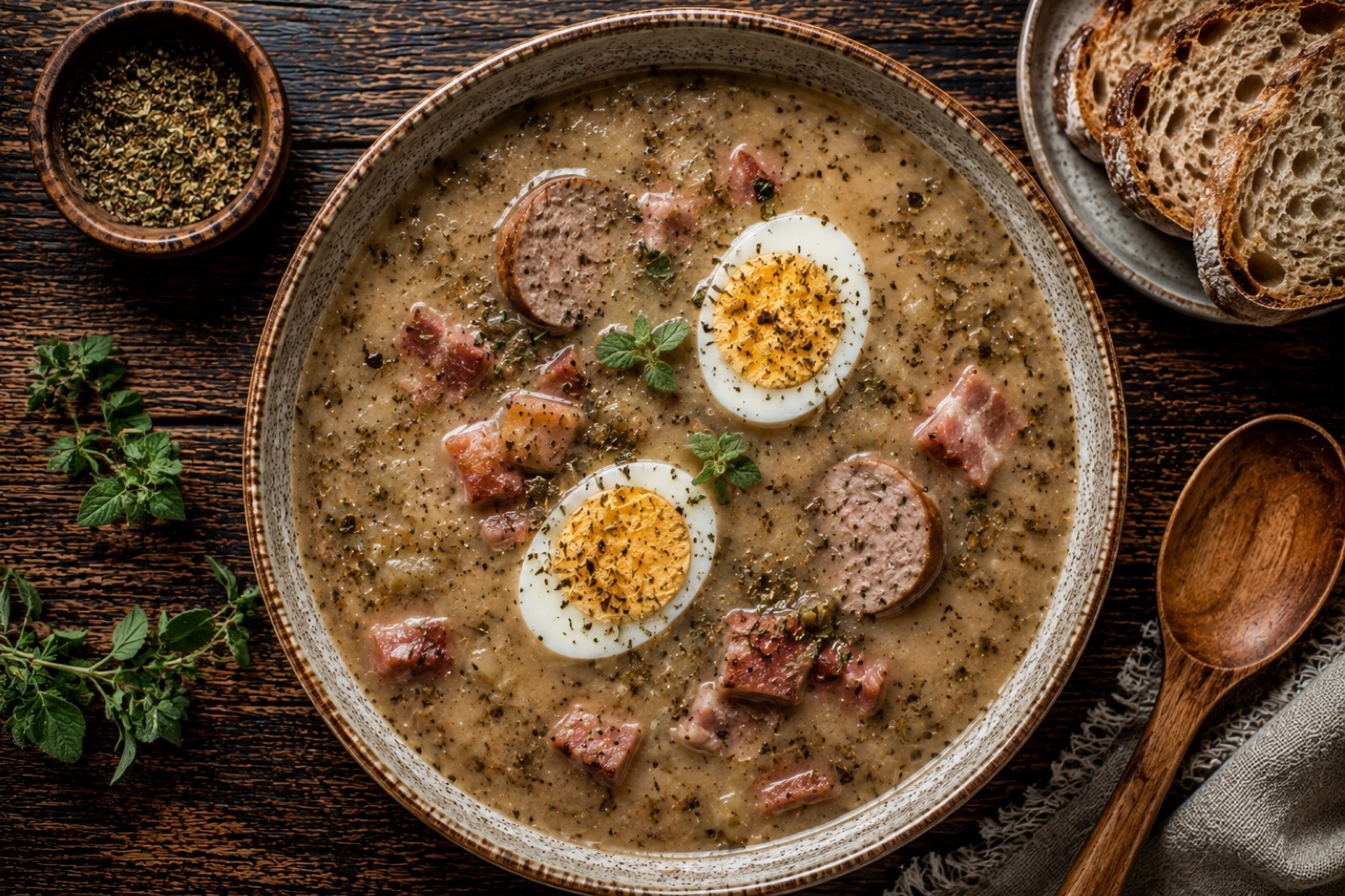 Bowl of creamy white Polish sour rye soup with sausage coins, a halved boiled egg and marjoram